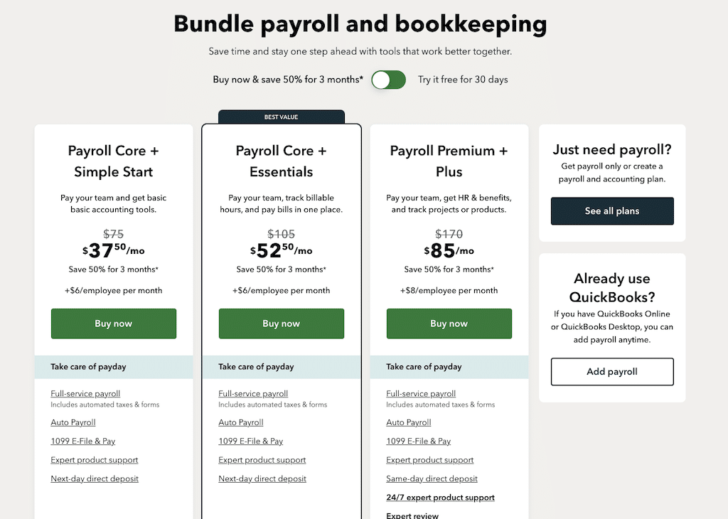 QuickBooks payroll and bookkeeping pricing bundle