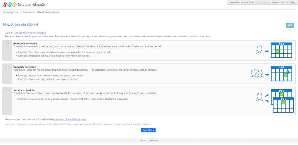 SuperSaaS new schedule wizard