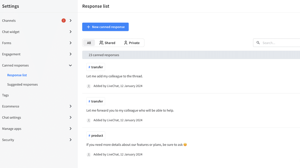 LiveChat canned responses