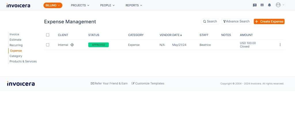 Invoicera expense tracking